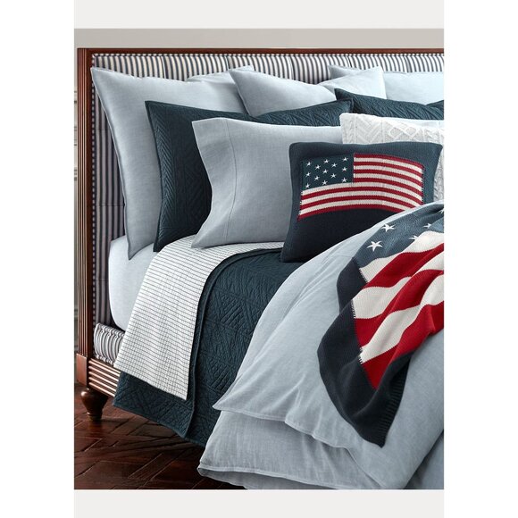 Ralph Lauren Workshirt Chambray King Flat Sheet Blue Luxury Bedding, 114"x108" - Picture 12 of 16